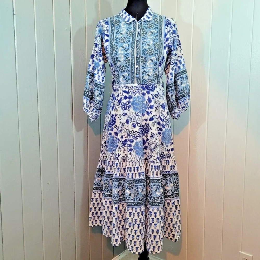Sue Sartor Women's Size XS $495 Flounce Chinoiserie Blues Floral Dress A-Line